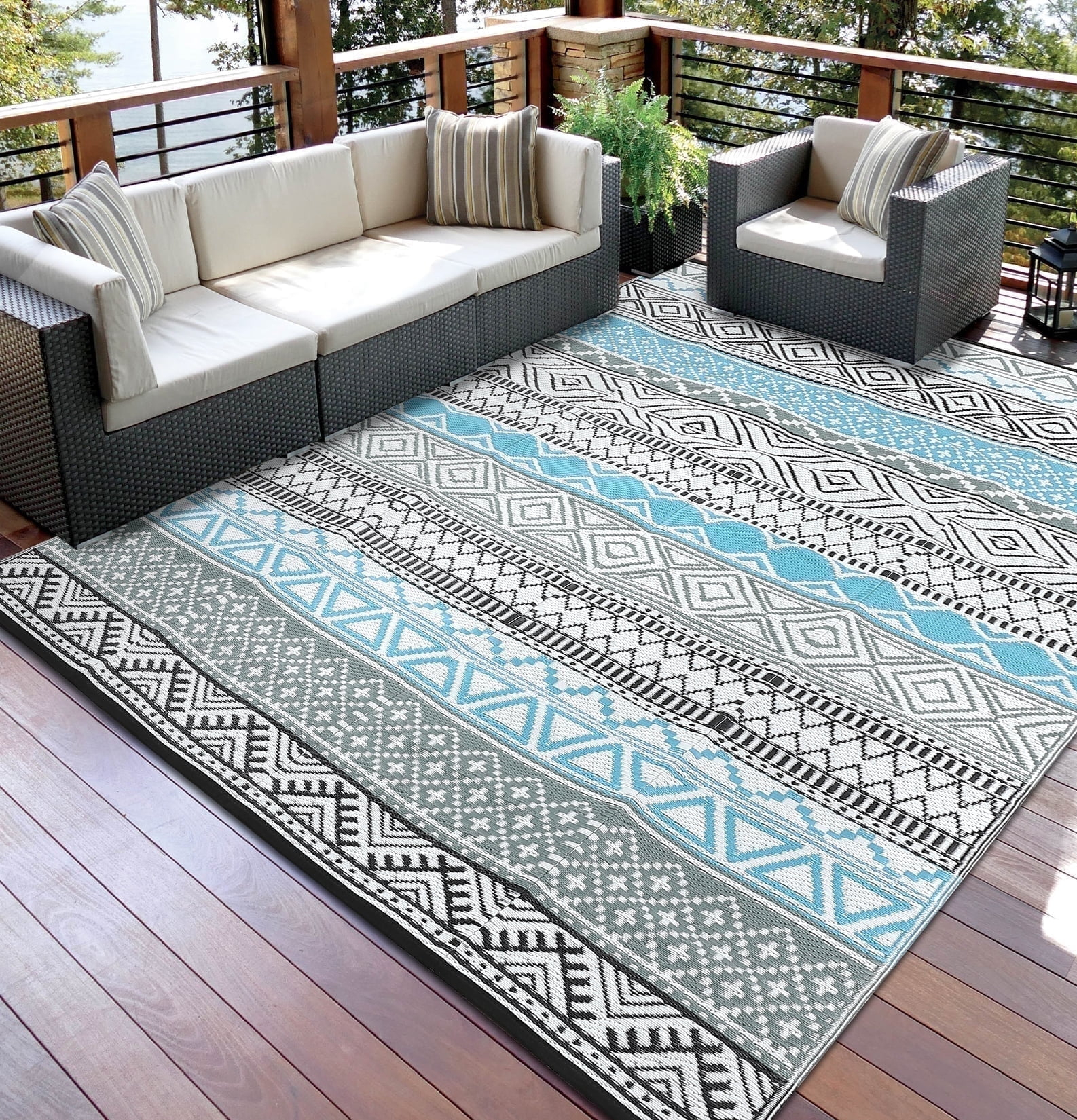Garvee 9'x12' Plastic Outdoor Rugs, Bohemia Waterproof Straw Rug Reversible Indoor Outdoor Carpet for Patio RV Deck Porch Backyard Balcony Camping Picnic Beach, Multi-color