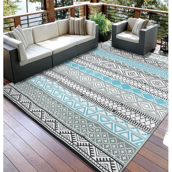Garvee 9'x12' Plastic Outdoor Rugs, Bohemia Waterproof Straw Rug Reversible Indoor Outdoor Carpet for Patio RV Deck Porch Backyard Balcony Camping Picnic Beach, Multi-color