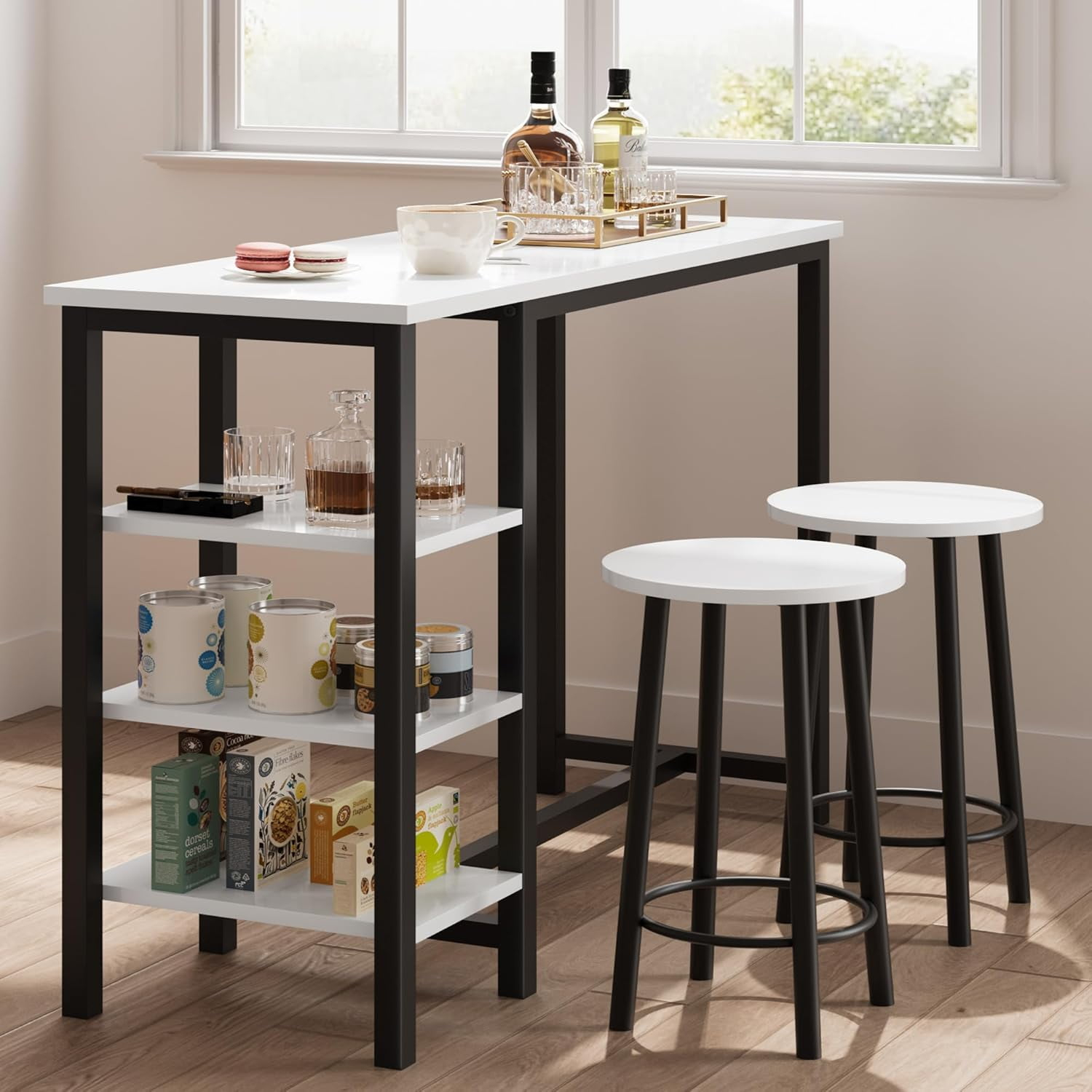 White and Black MDF and Metal Pub Table Set with Shelves