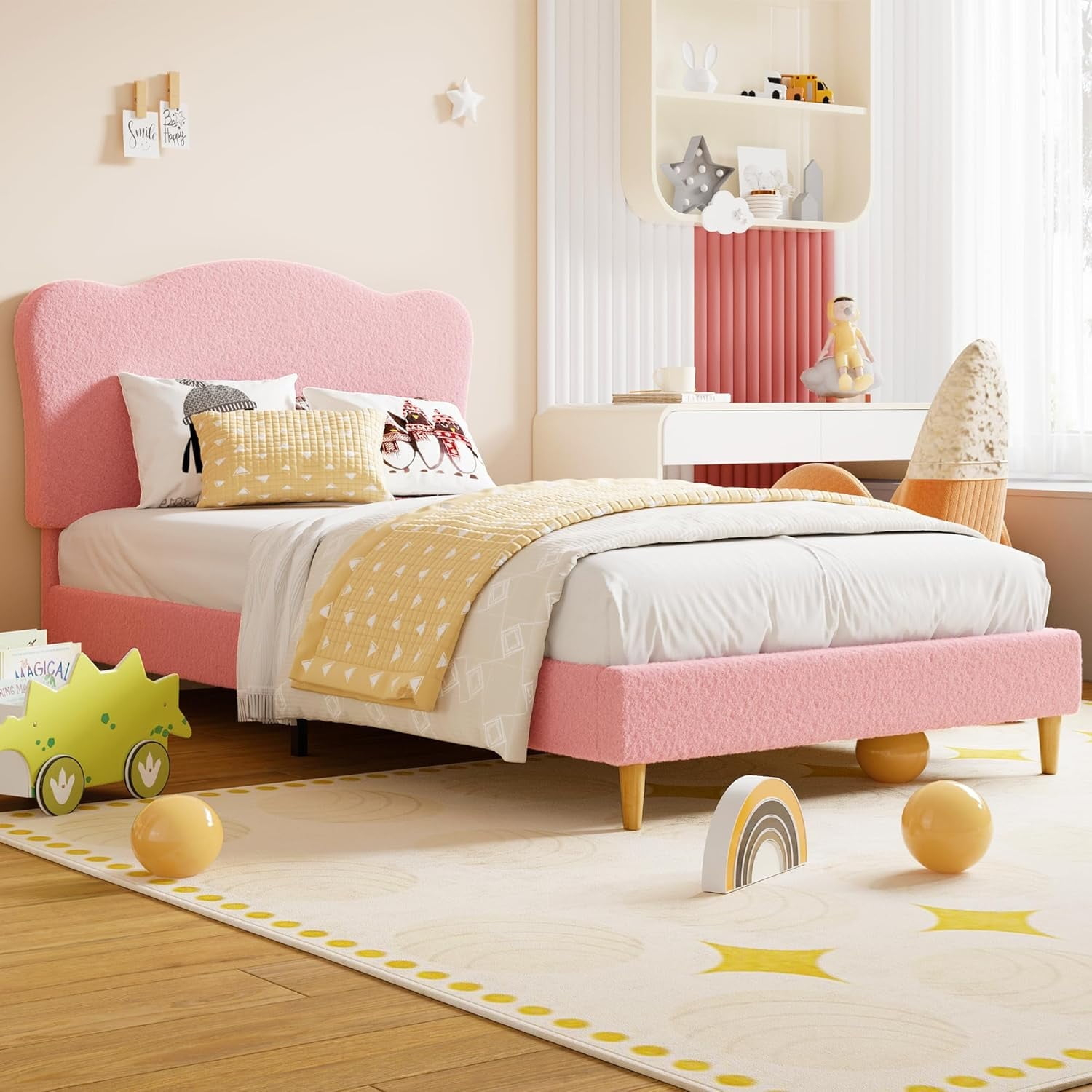 Garvee Full Size Bed Frame for Kids, Cute Scallop Headboard, Soft Berber Fleece Fabric, Sturdy Platform Bed with Wooden Slats, No Box Spring Needed, Noise-Free Design for Girls & Boys, Pink