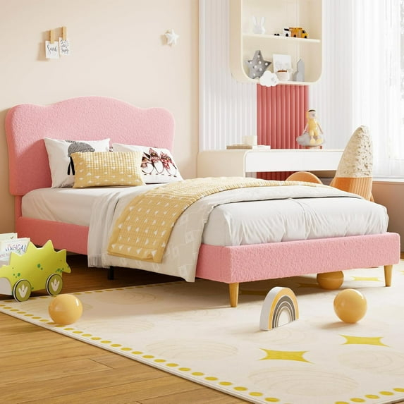 Garvee Full Size Bed Frame for Kids, Cute Scallop Headboard, Soft Berber Fleece Fabric, Sturdy Platform Bed with Wooden Slats, No Box Spring Needed, Noise-Free Design for Girls & Boys, Pink
