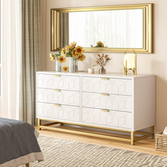 Towallmark Dresser for Bedroom, 6 Drawer Dresser with Metal Legs, Wood Dresser Chest Organizer with Wide Storage, Modern Chest of Drawers for Bedroom, Living Room, Hallway，White