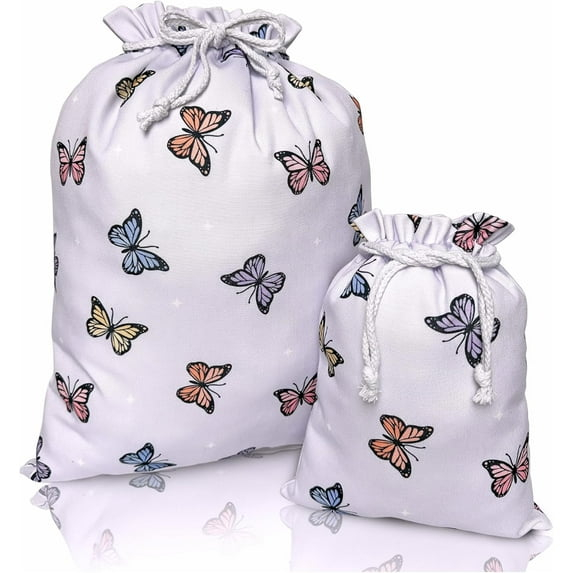 Gather & Knot Drawstring Gift Bags | 20" Large 12" Small | Premium Canvas | Reusable Fabric Wrap for Baby Shower or Girl Birthday | Butterfly