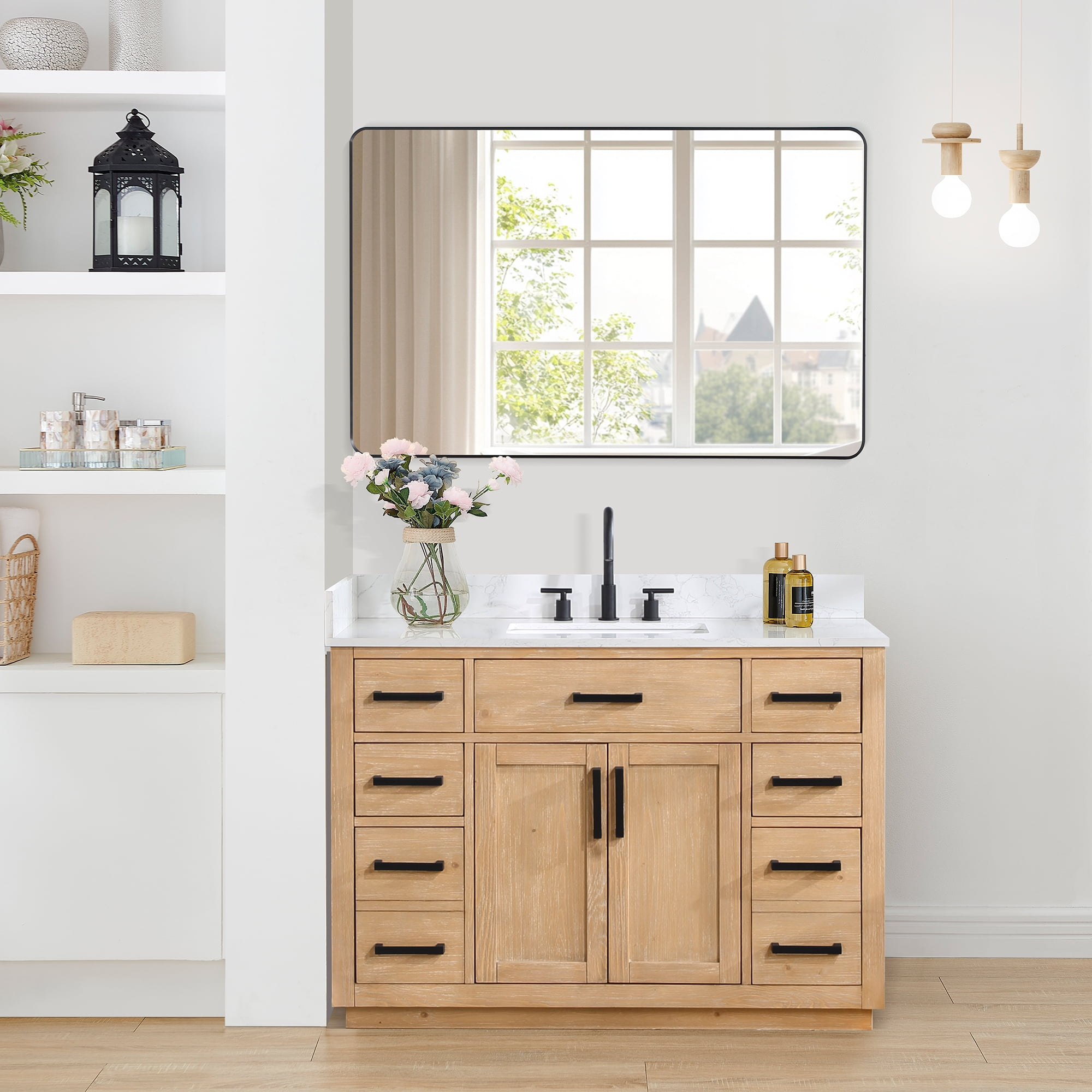 Gavino 48" Wood Vanity in Light Brown with Composite Stone Top and Mirror