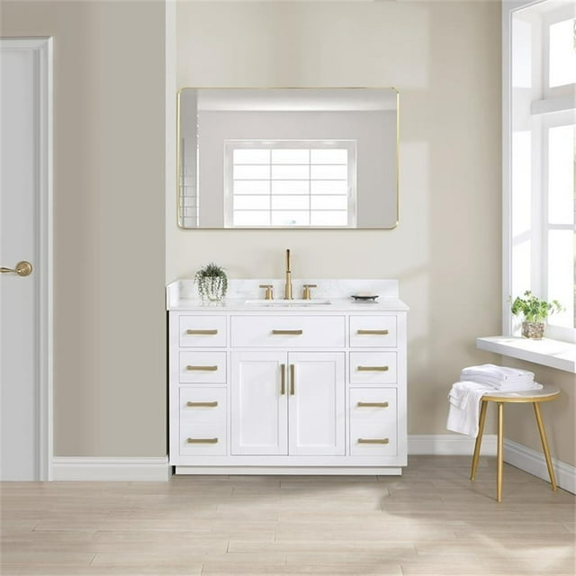 Gavino 48" Wood Vanity in White with Grain White Composite Stone Top and Mirror
