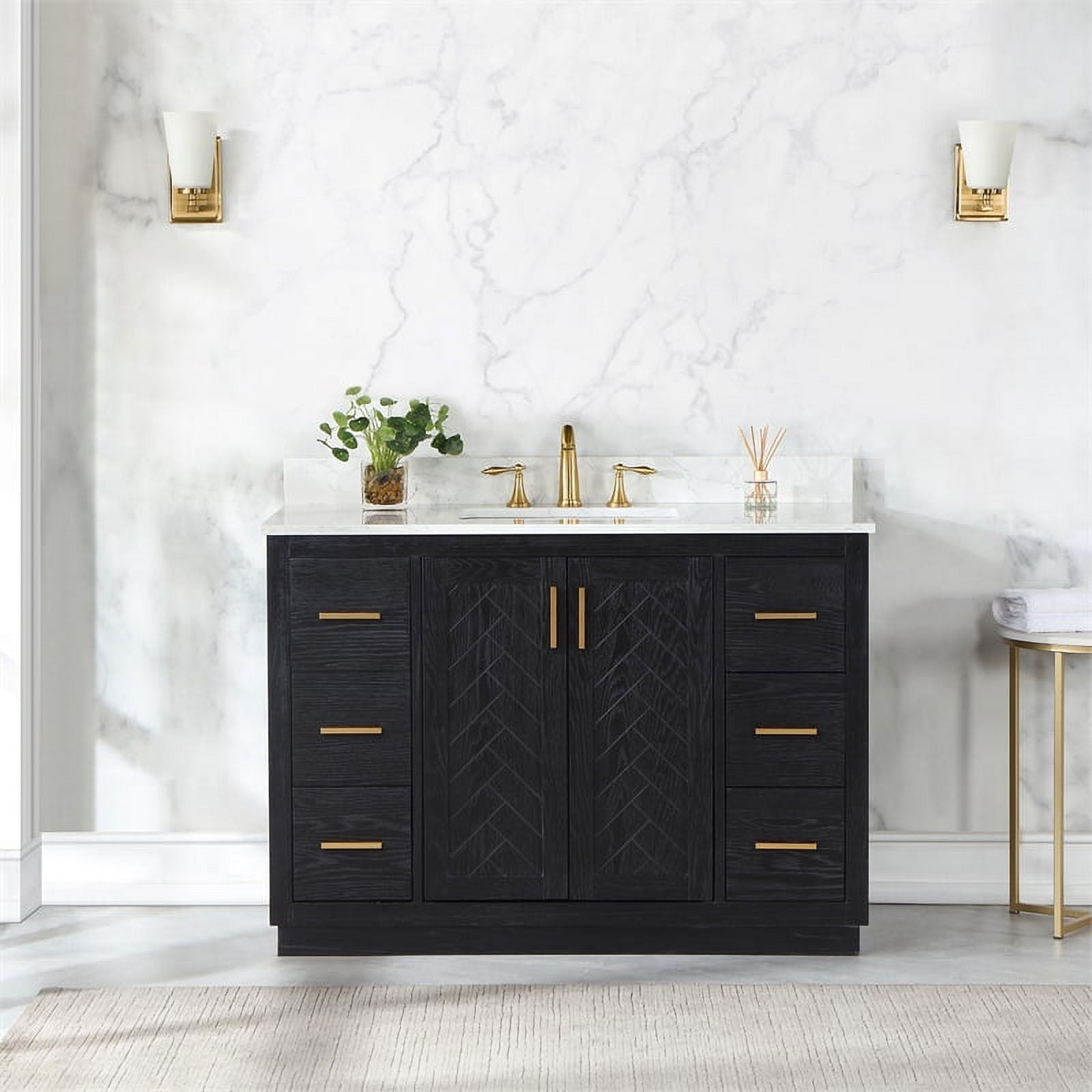 Gazsi 48" Single Bathroom Vanity Set in Black Oak with Grain White Composite Stone Countertop without Mirror