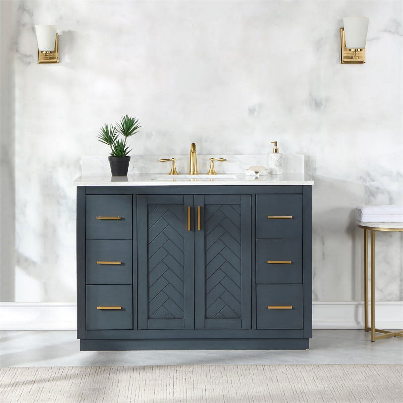 Gazsi 48" Single Bathroom Vanity Set in Charcoal Blue with Grain White Composite Stone Countertop without Mirror