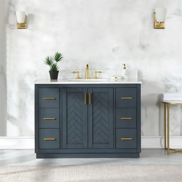 Gazsi 48" Single Bathroom Vanity Set in Charcoal Blue with Grain White Composite Stone Countertop without Mirror