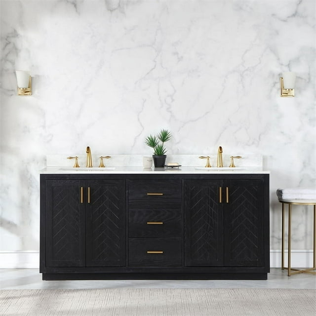 Gazsi 72" Double Bathroom Vanity Set in Black Oak with Grain White Composite Stone Countertop Without Mirror