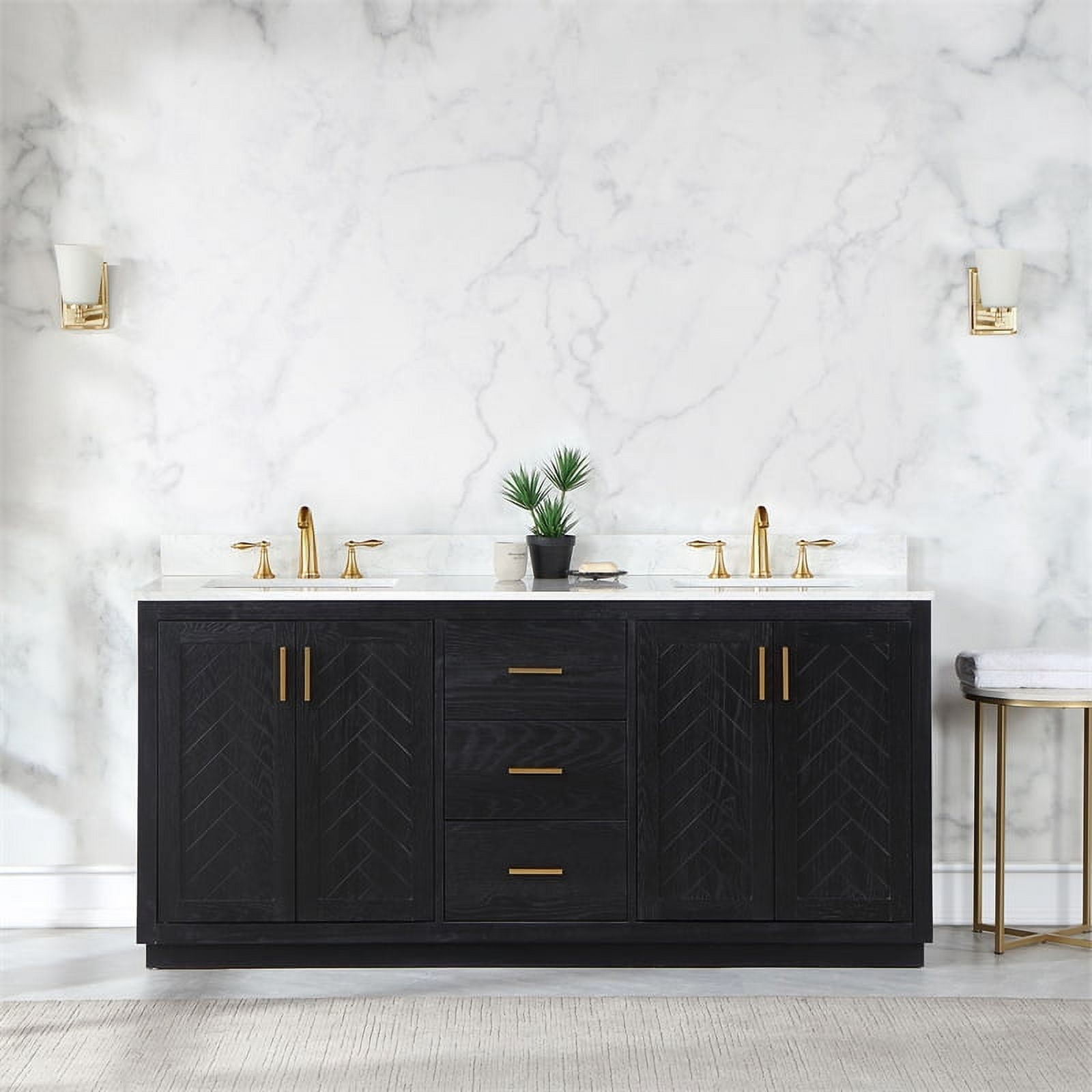 Gazsi 72" Double Bathroom Vanity Set in Black Oak with Grain White Composite Stone Countertop Without Mirror