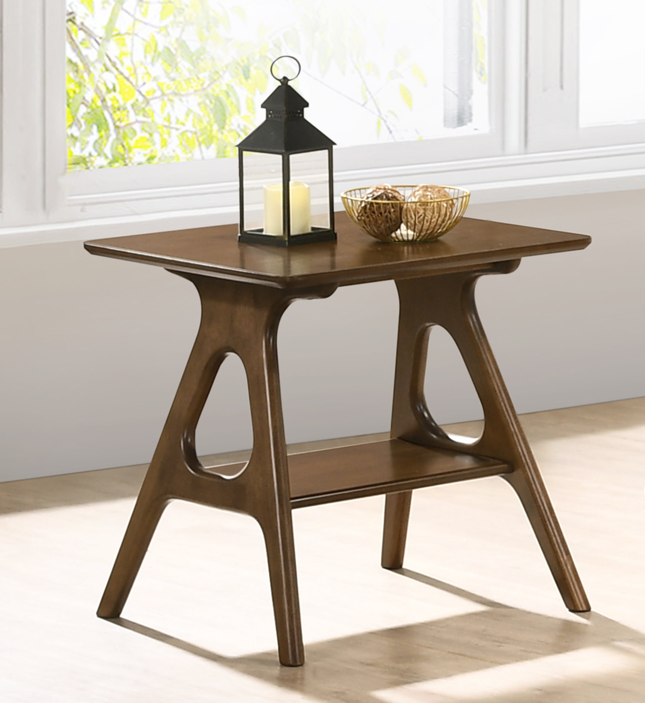Roundhill Furniture Arona Mid-Century Modern Wood End Table with Shelf, Brown