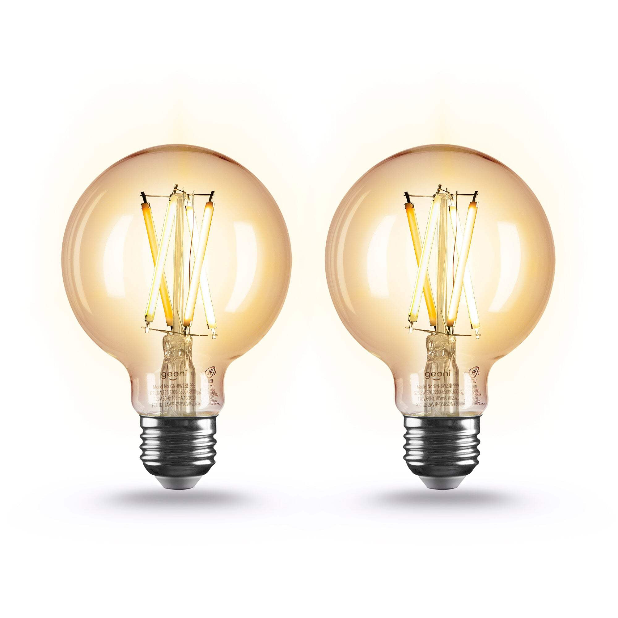 Geeni LUX Amber G25/E26 Edison WiFi LED Smart Bulb, Dimmable, Tunable White Light, 2-Pack