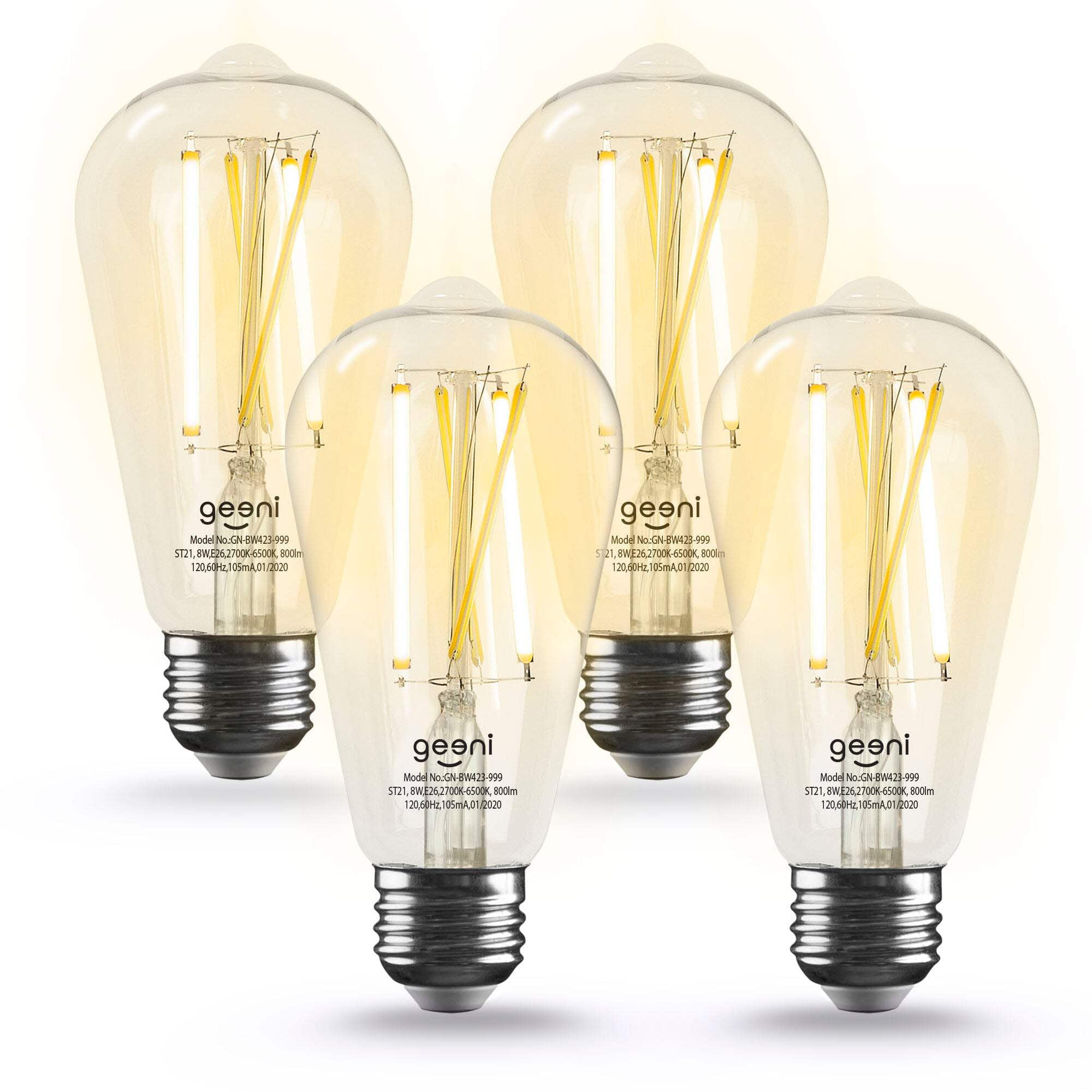 Geeni LUX ST21/E26 Edison Smart WiFi LED Bulb, 8W, Dimmable, Tunable White Light, 4-Pack