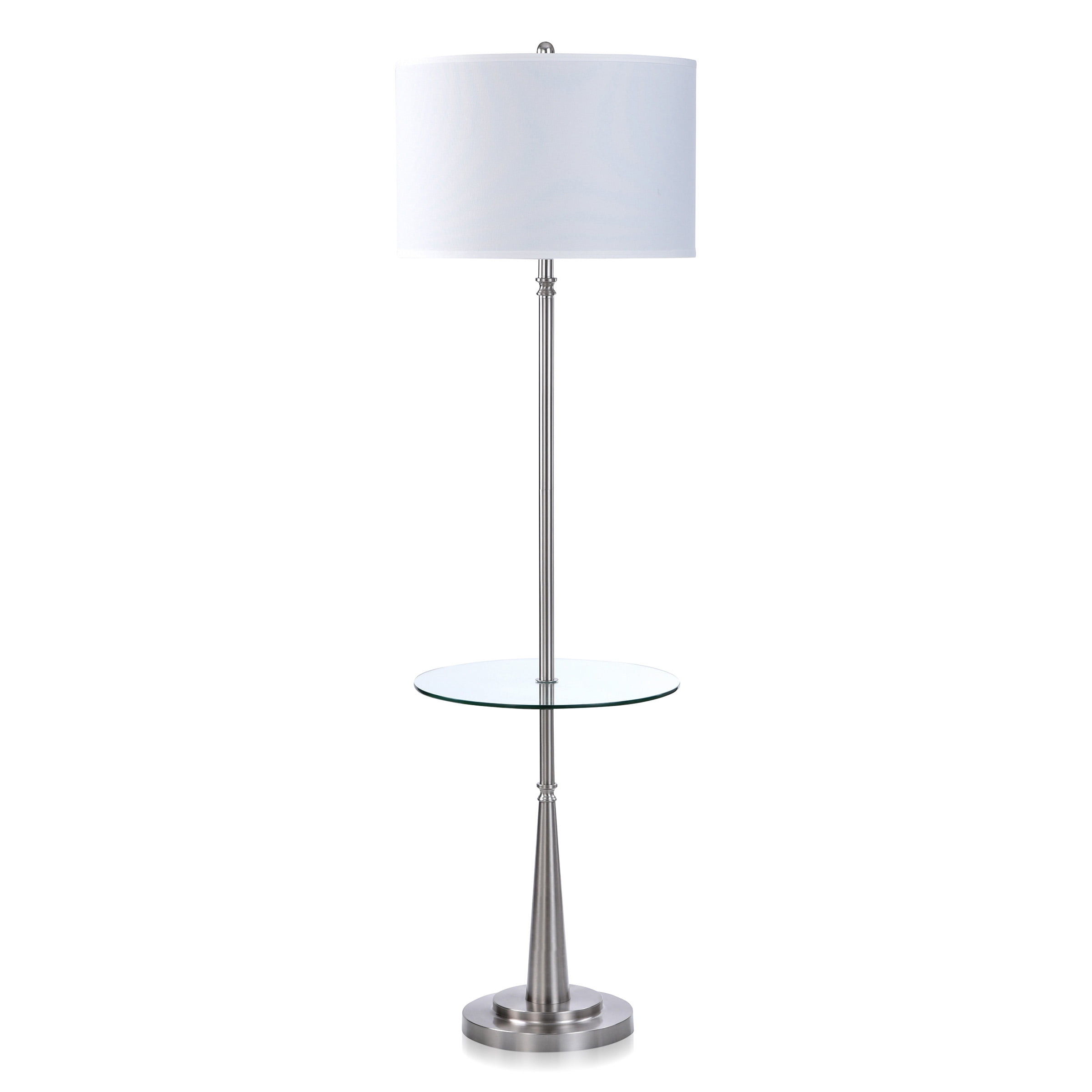 Gemma - Metal Floor Lamp With Round Clear Glass Table - Brushed Steel Finish - Off-White Shade