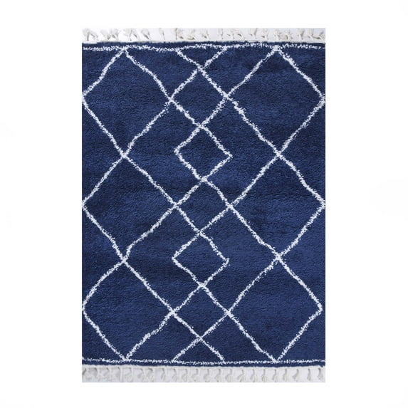 Geometric Diamonds Boho Shag Indoor Tassel Area Rug, Cream/Blue, 8' x 10'
