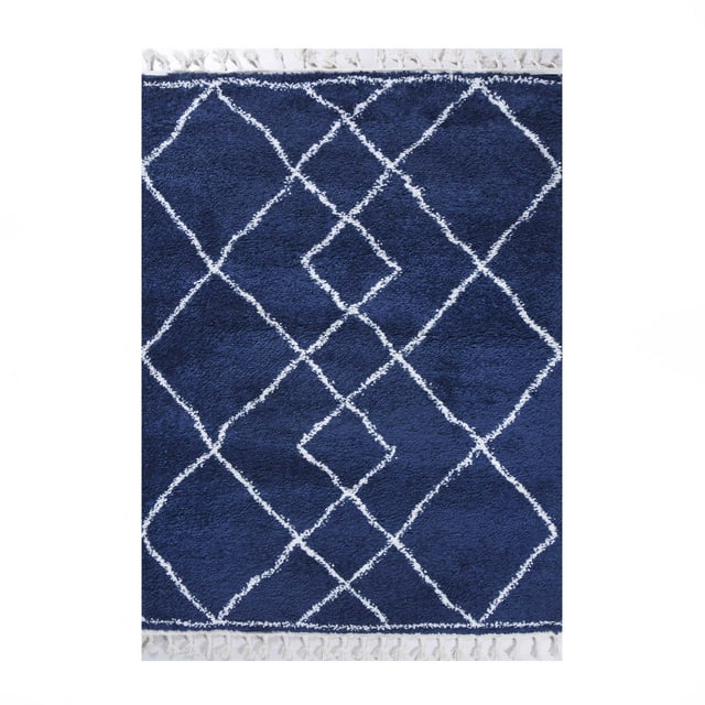 Geometric Diamonds Boho Shag Indoor Tassel Area Rug, Cream/Blue, 8' x 10'