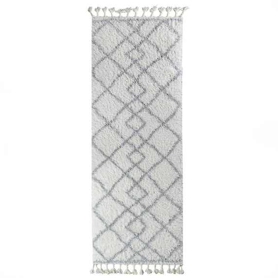 Geometric Diamonds Boho Shag Indoor Tassel Runner Rug, Grey/Cream, 2' 7" x 8'