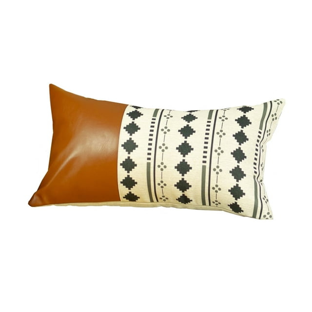 Geometric Patterns and Brown Faux Leather Lumbar Pillow Cover