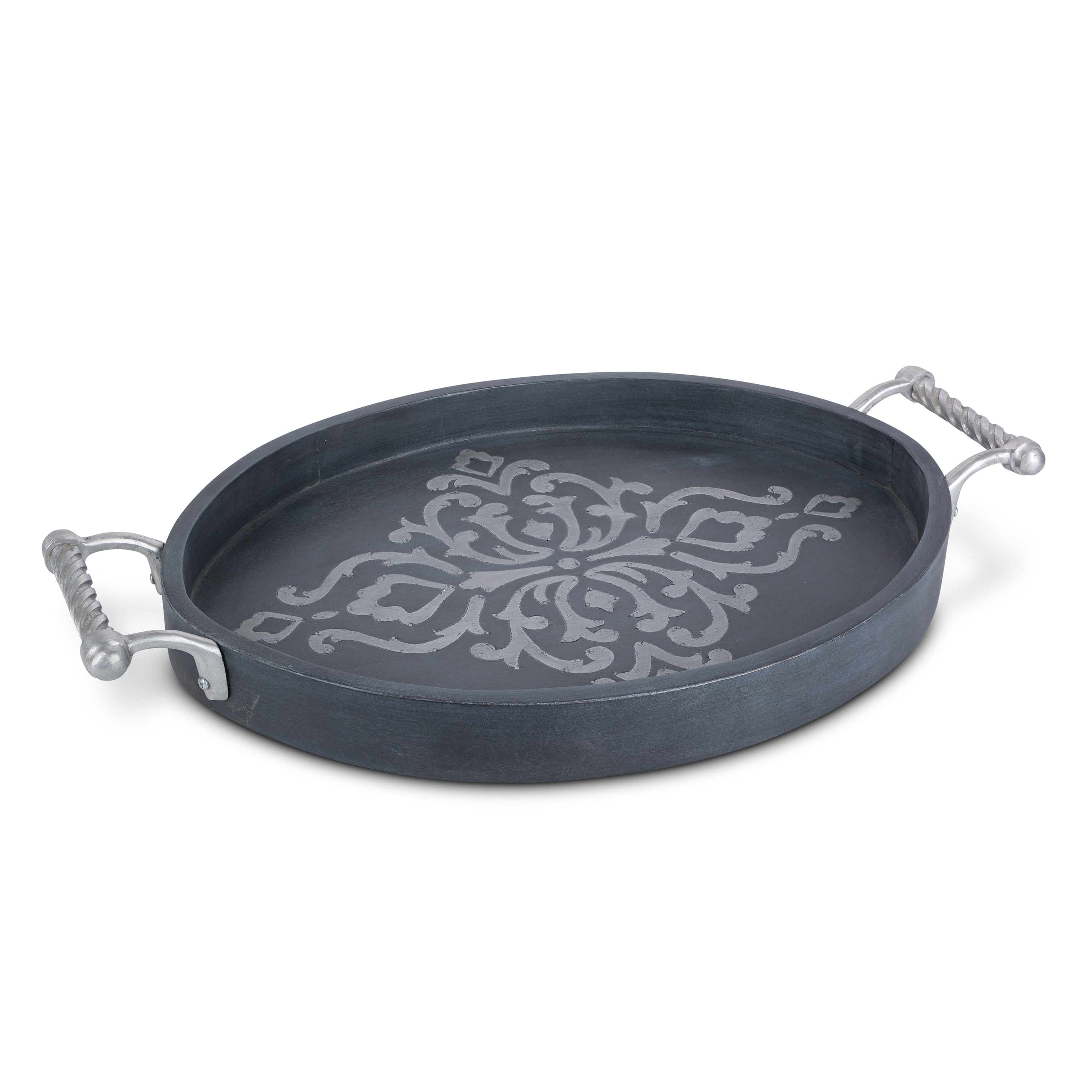 Gerson Gray-washed metal-inlay oval tray with handles