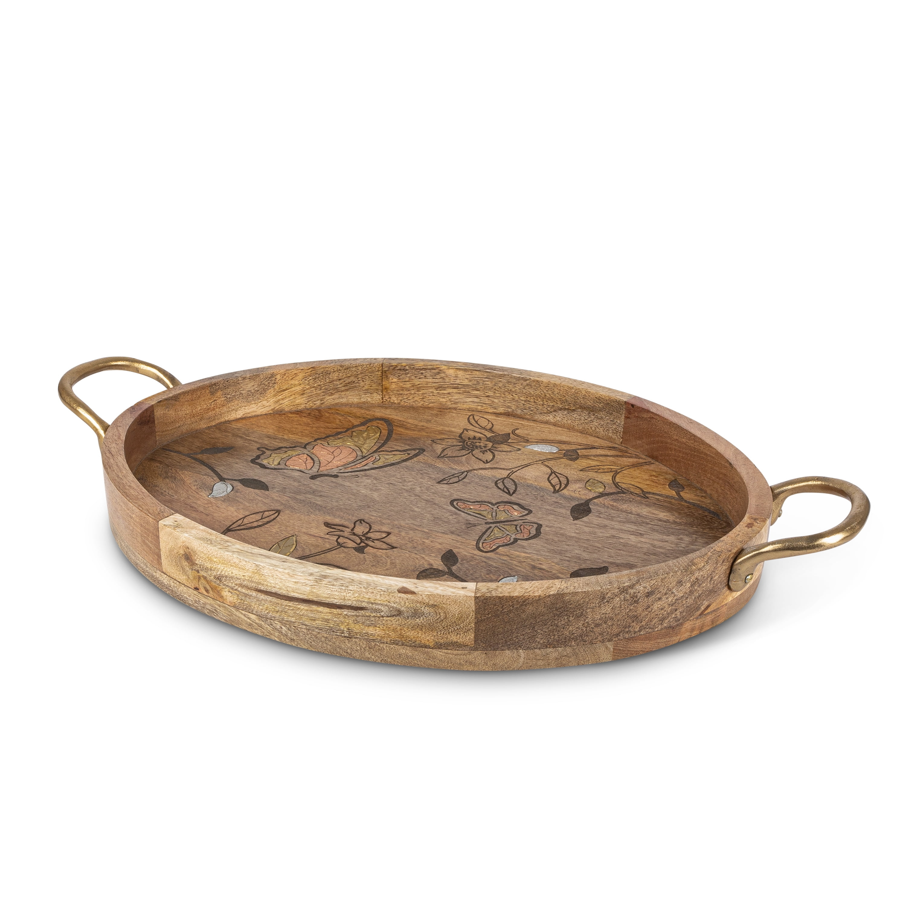 Gerson Mango Wood with Laser Butterfly Design Oval Tray with Handles.