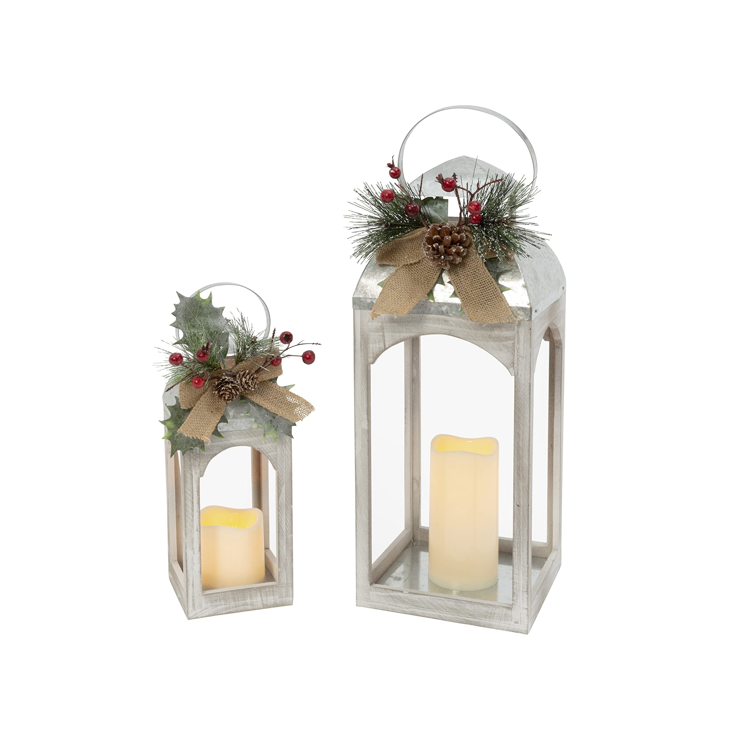 Gerson 2601420 Set of 2 Battery Operated Lighted Metal and Wood Holiday Lanterns with LED Candle and Floral Accent 18" H