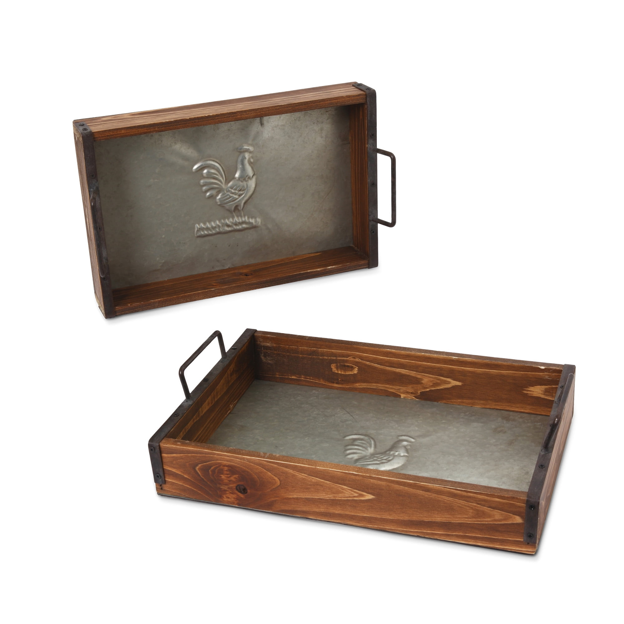Rustic Farmhouse Set of 2 Metal and Wood Decorative Trays