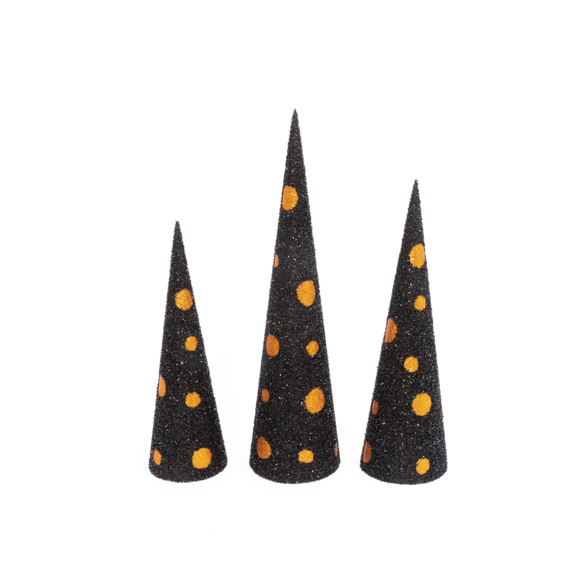 Gerson Set of 3 Assorted Black and Orange glitter Halloween cone trees