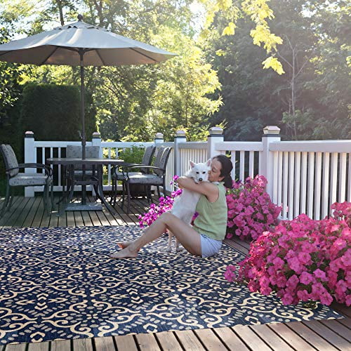 Gertmenian 21571 Outdoor Rug Freedom Collection Nautical Themed Smart Care Deck Patio Carpet 8x10 Large, Floral Medallion Navy Blue