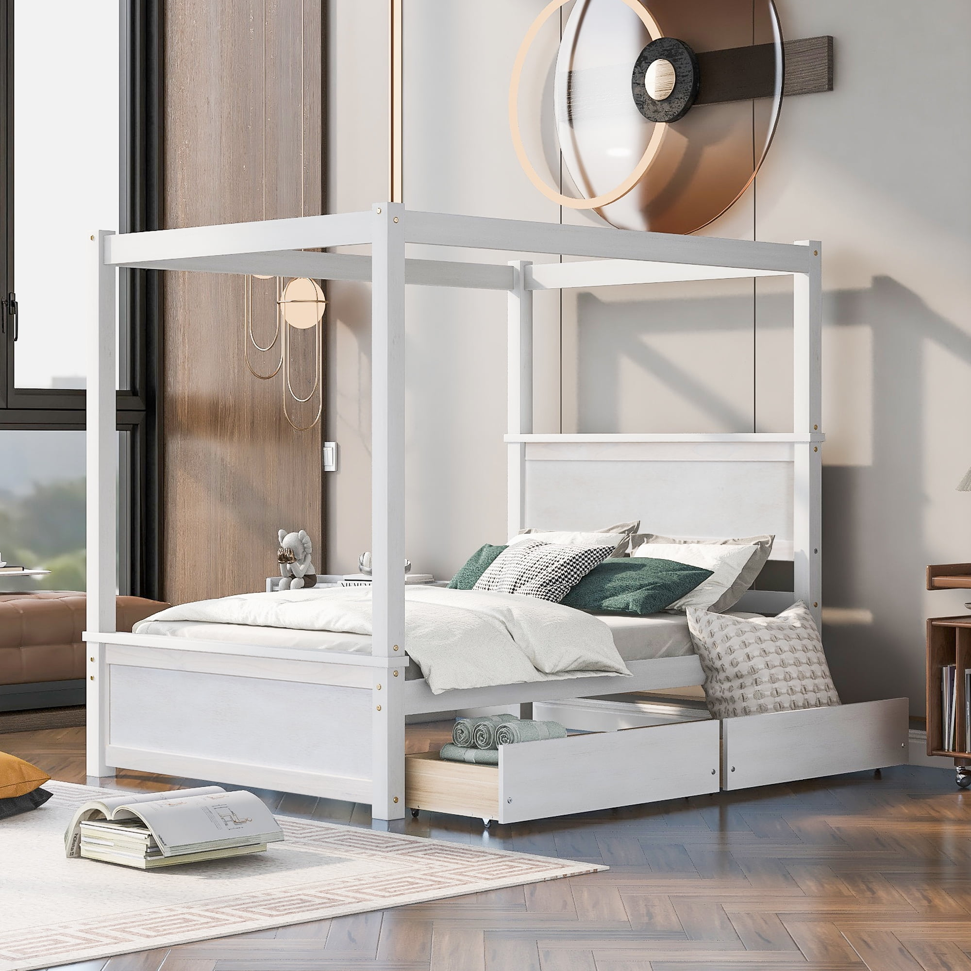 CITYLIGHT Full Size Canopy Bed with 2 Storage Drawers, Wooden Canopy Platform Bed with Headboard, Four Post Bed (Brushed White)