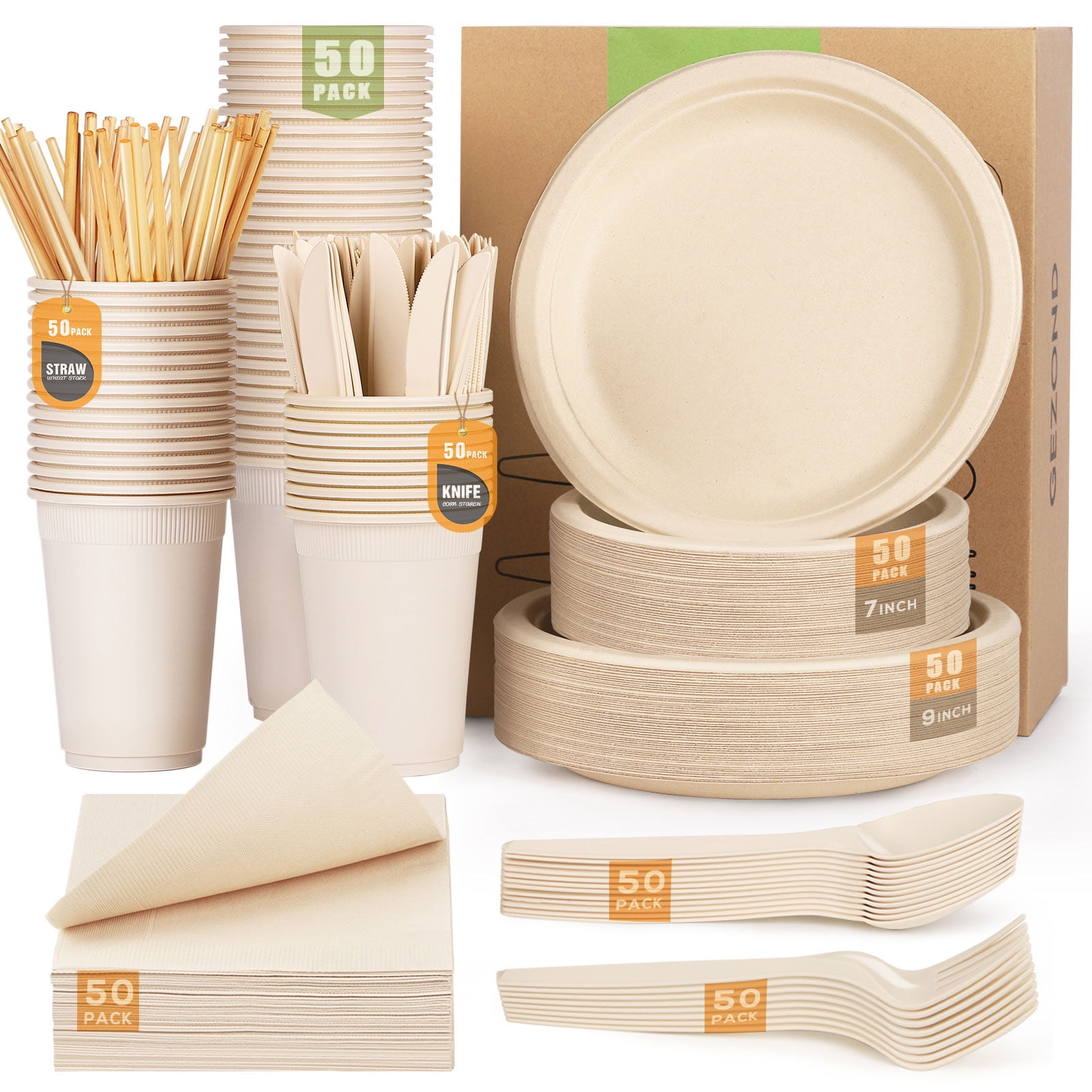 Gezond 400pcs Compostable Paper Plates Set, Eco-Friendly Disposable Paper Plates and Cutlery- Biodegradable Plates Forks Knives Spoons Cups Straws and Paper Napkins, 50 Guests