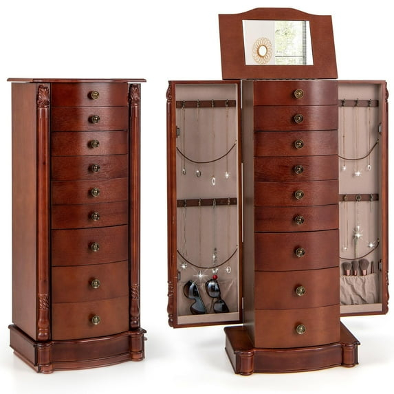 Giantex Jewelry Armoire Cabinet Stand, Large Capacity Wooden Jewelry Storage Box Organizer with Flip up Mirror, 8 Drawers and 2 Side Swing Doors Including 16 Necklace Hooks