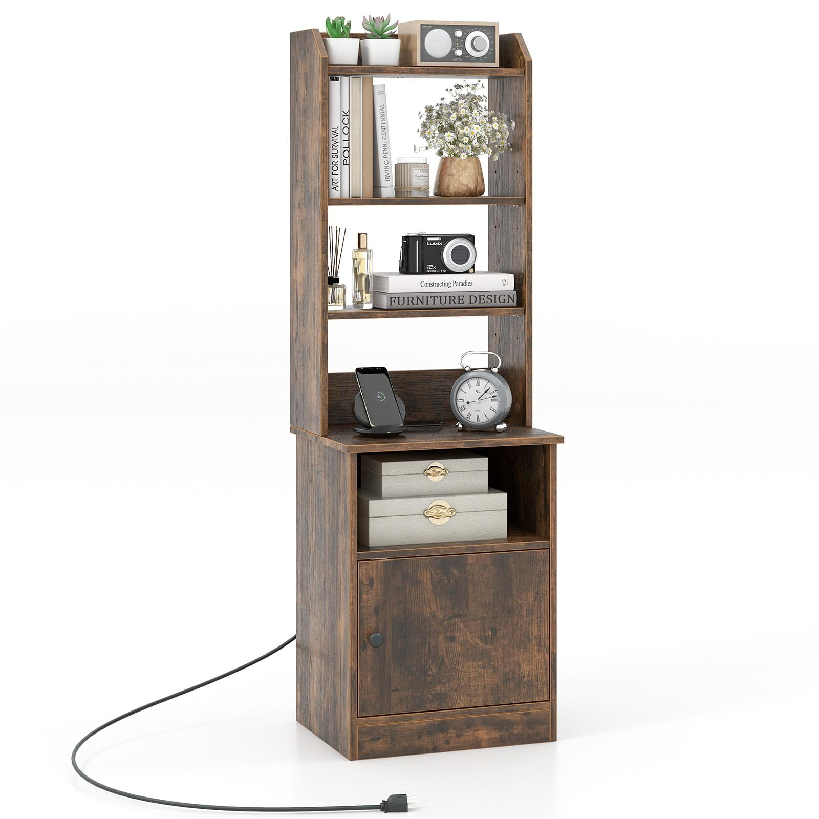 Tall Nightstand with Charging Station, Bedside Table with Adjustable Open Shelves, Storage Cabinet, Sofa Side Table, End Table with Bookcase for Bedroom, Study, Brown