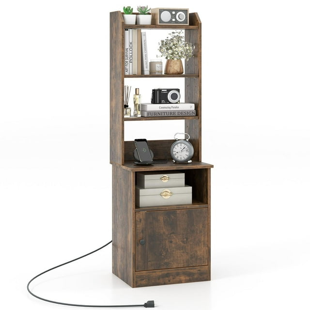Tall Nightstand with Charging Station, Bedside Table with Adjustable Open Shelves, Storage Cabinet, Sofa Side Table, End Table with Bookcase for Bedroom, Study, Brown