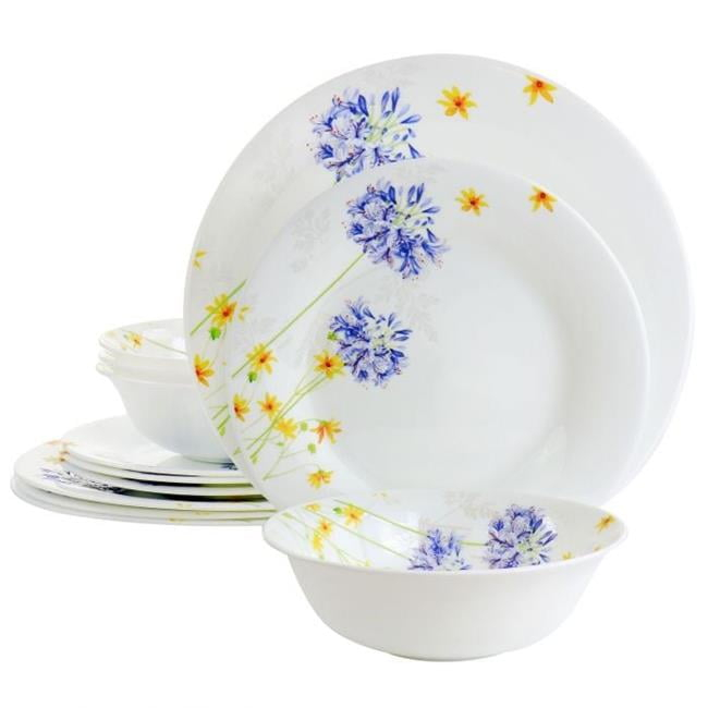 Gibson Ultra 97245.12 Tempered Opal Glass Dinnerware Set, Violet Floral - 12 Piece