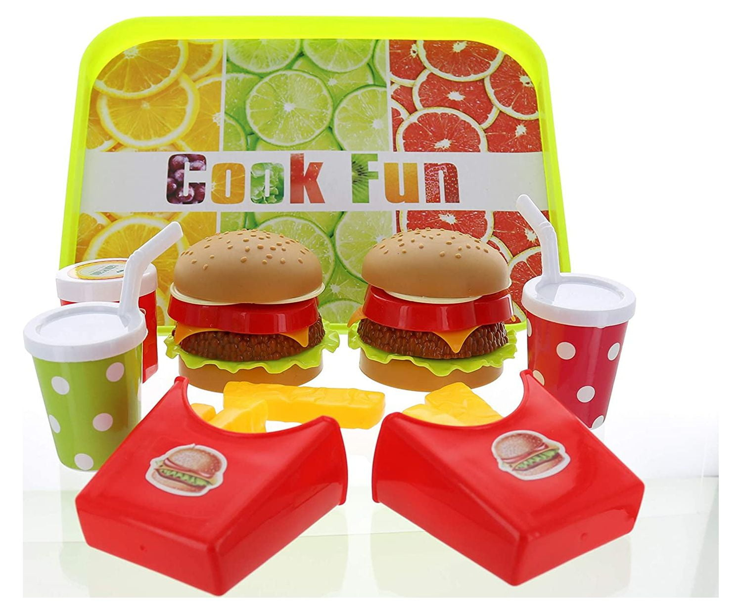 GiftExpress Burger & Chess Fast Food Cooking Play Set for Kids with Hamburger, Fries, Hot Dog, Coke, Ketchup, Milk, Sauce and Tray