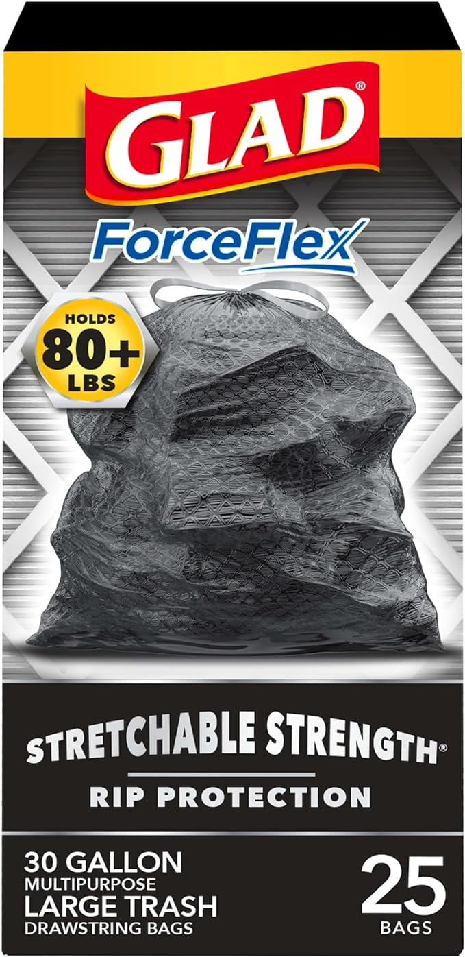 Glad Large Drawstring Trash Bags, Forceflex 30 Gallon Black Trash Bags, 25 Count