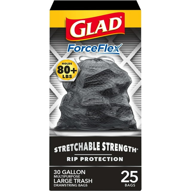 Glad Large Drawstring Trash Bags, Forceflex 30 Gallon Black Trash Bags, 25 Count