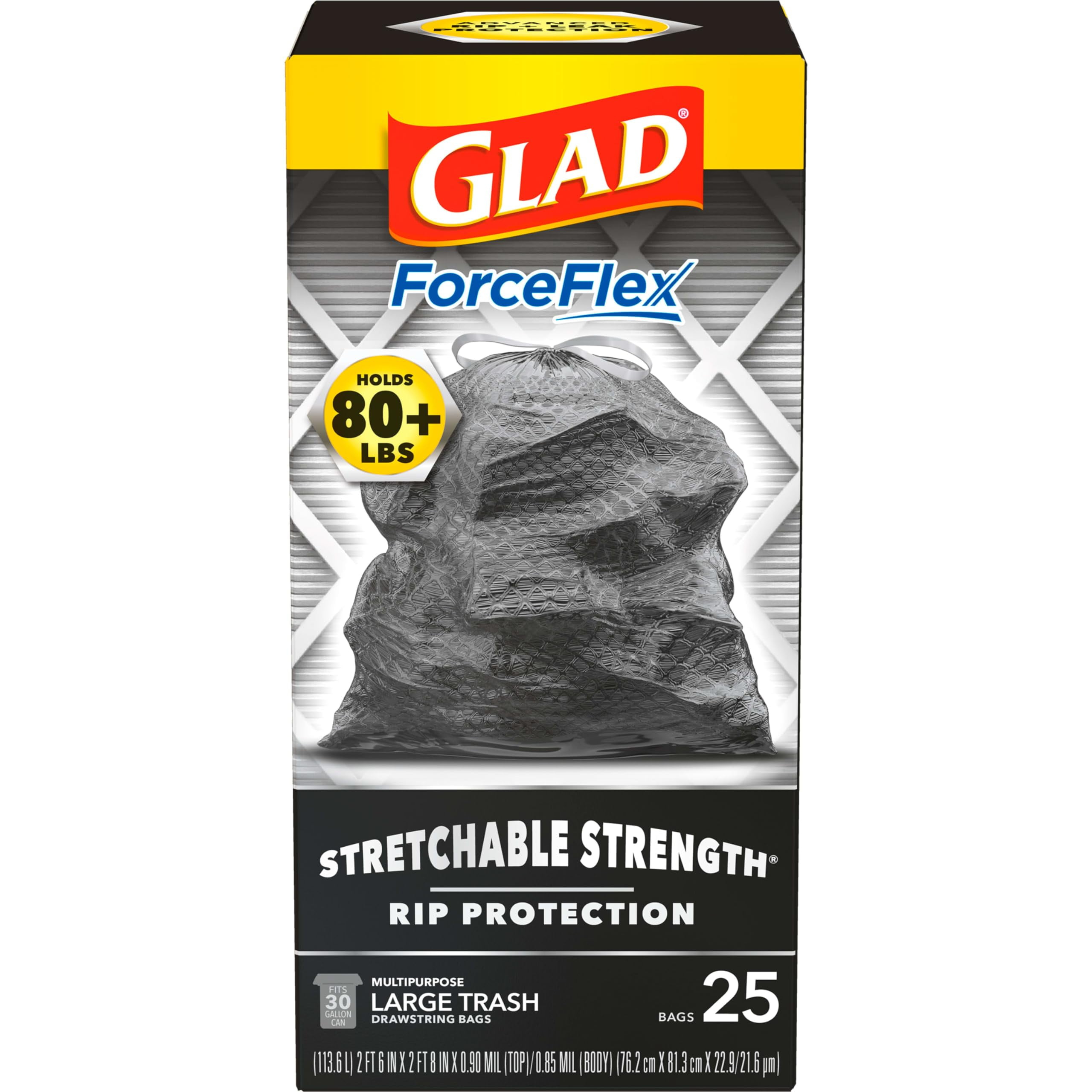 Glad Large Drawstring Trash Bags, Forceflex 30 Gallon Black Trash Bags, 25 Count