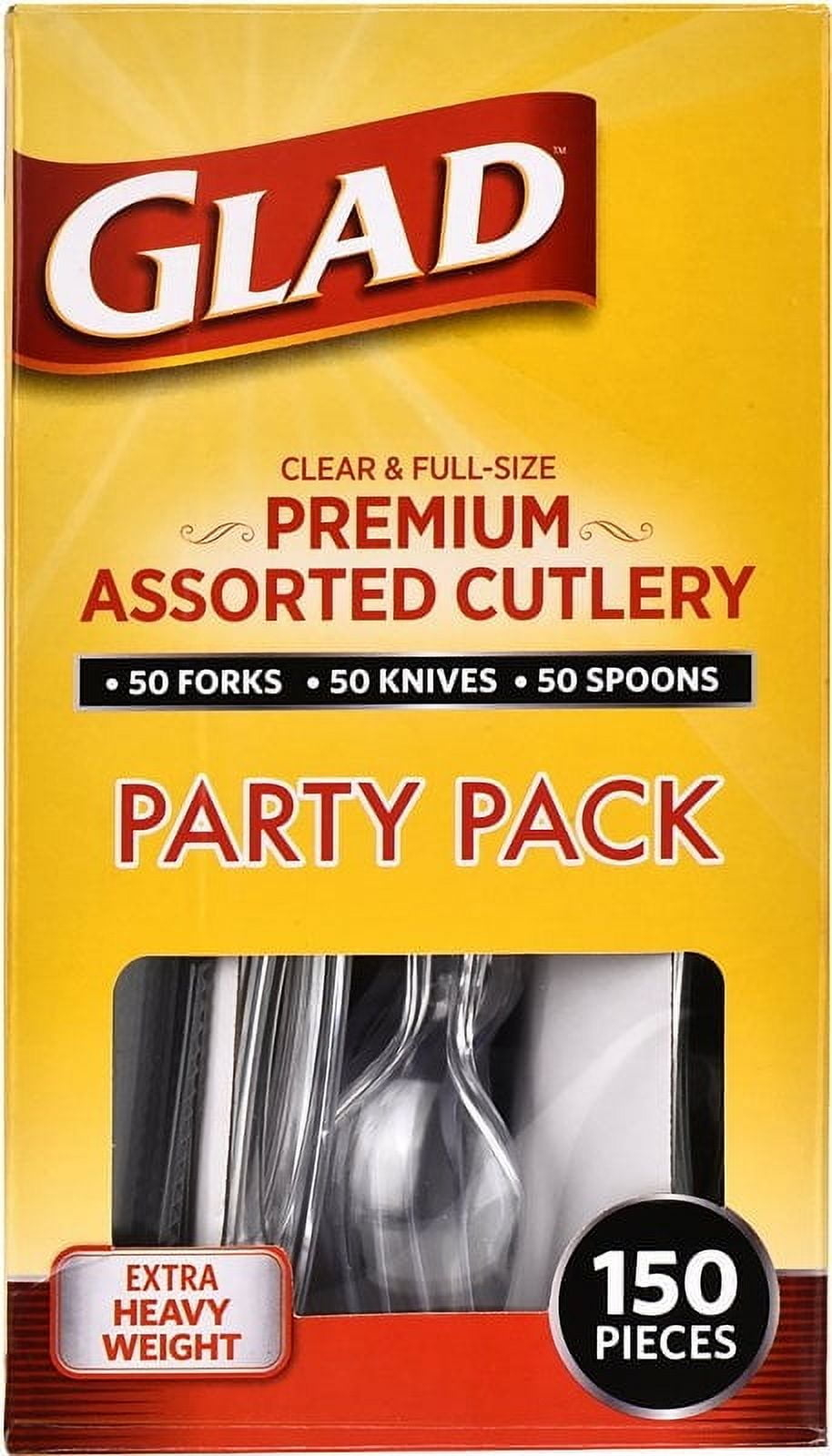 Glad Premium Assorted Plastic Cutlery | Clear And Extra Heavy Weight Forks, Knives, And Spoons |150 Piece Set of Disposable Party Utensils