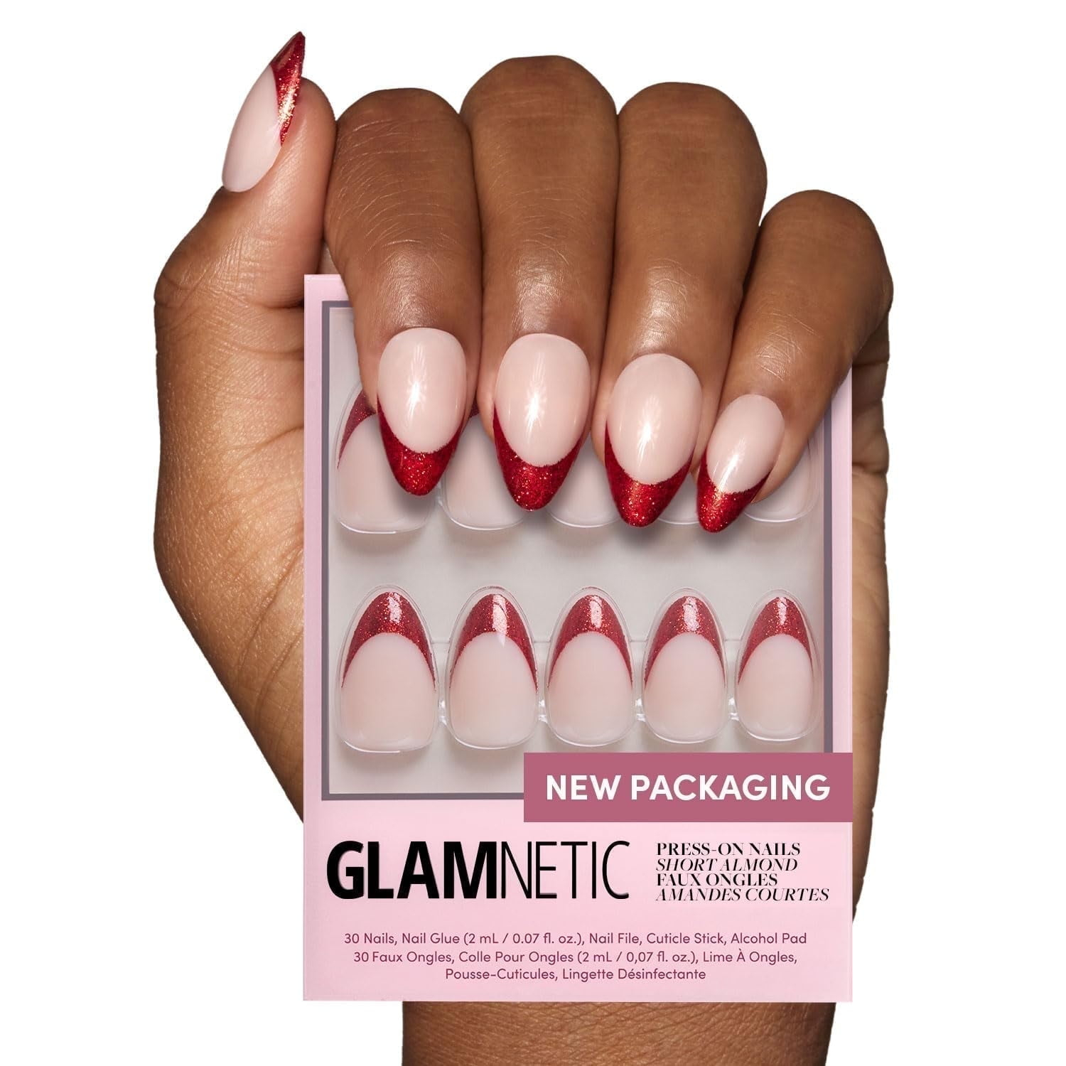 Glamnetic Press-On Nails – Red Affair | Sparkly Red French Tip Nails, Reusable, 30 Count