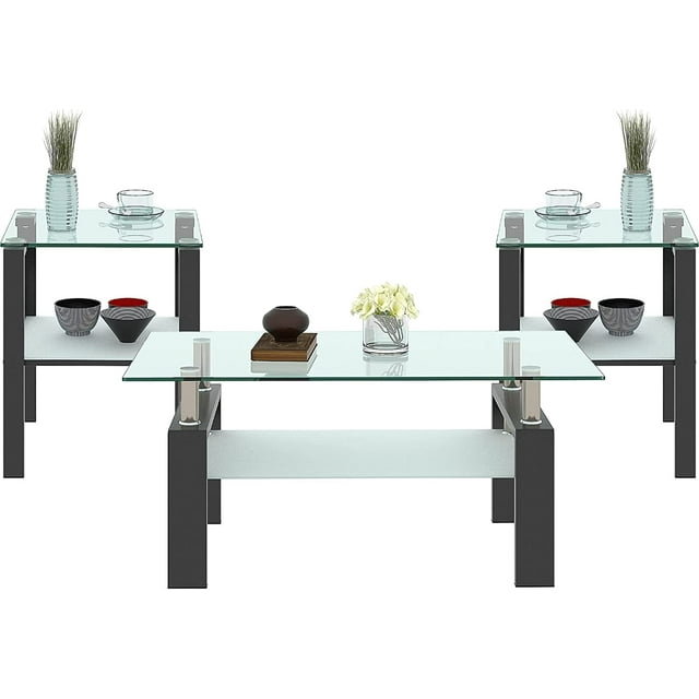 Glass Coffee Table Set of 3 Piece, Living Room Table Set of 3, Black Coffee Table and End Coffee Table Sets, Metal Frame (Black C, Set of 3)