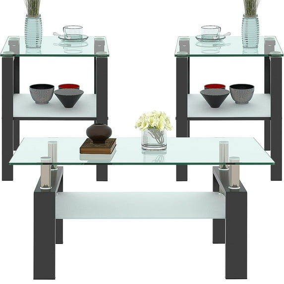 Glass Coffee Table Set of 3 Piece, Living Room Table Set of 3, Black Coffee Table and End Coffee Table Sets, Metal Frame (Black C, Set of 3)