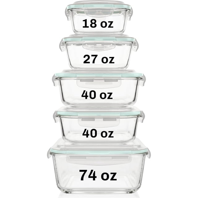 Razab 10-Piece Glass Food Storage Containers with Airtight Lids – Leakproof, BPA-Free, Oven, Microwave, Freezer & Dishwasher Safe Meal Prep Containers for Kitchen & Pantry Organization