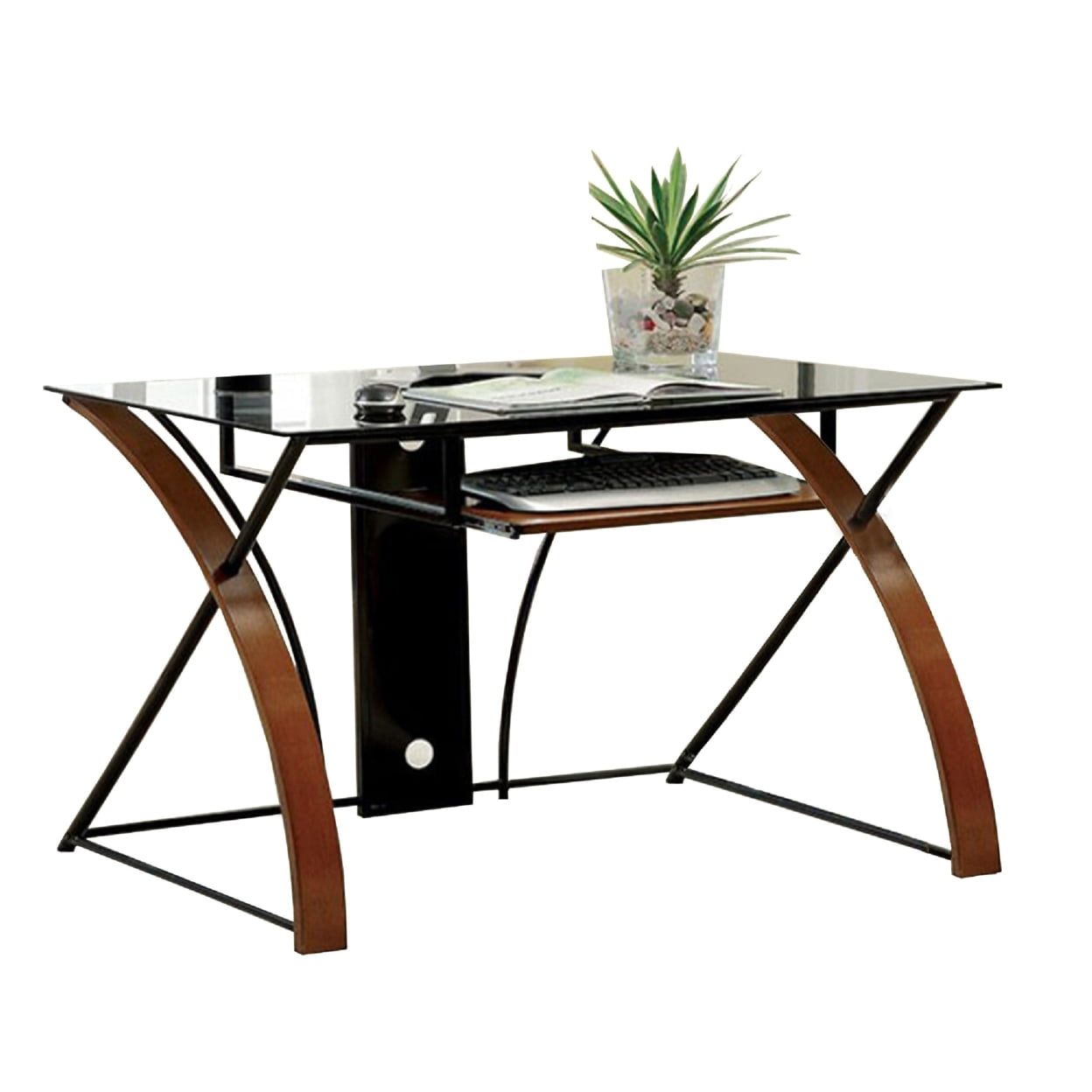 Glass Top Computer Desk with Z Shaped Metal Legs, Brown and Black- Saltoro Sherpi
