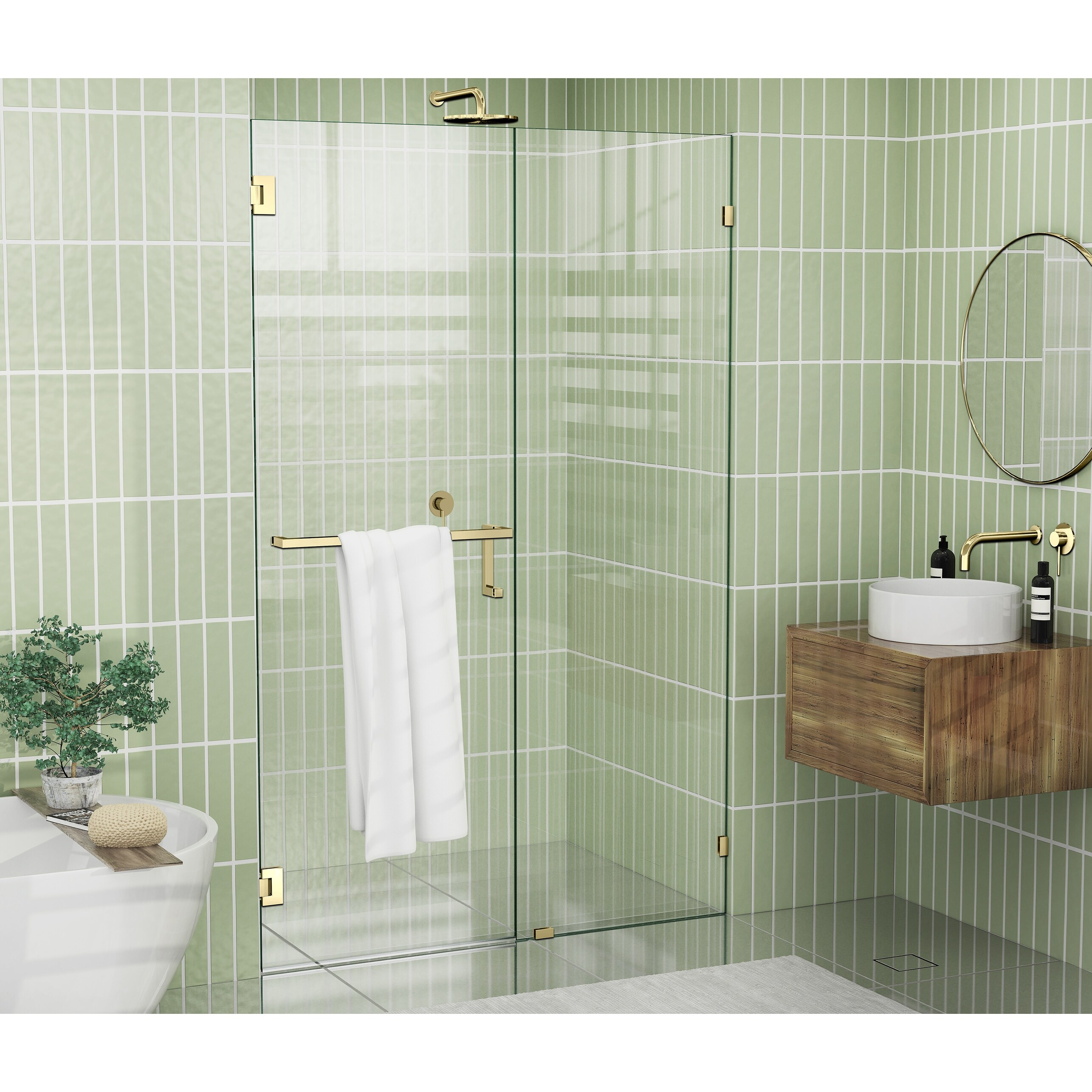 Glass Warehouse  78" x 46.25" Frameless Towel Bar Shower Door - Wall Hinge Polished Brass Brass Finish