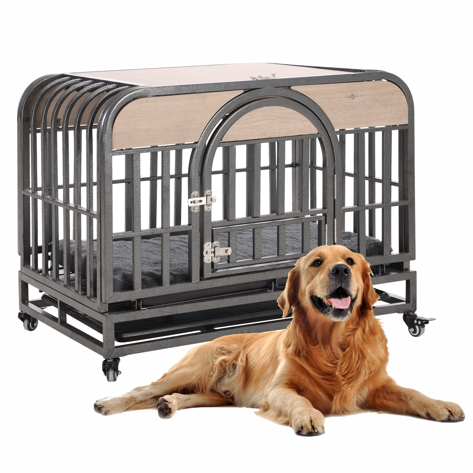 Large Gray Heavy Duty Rolling Dog Crate with Removable Trays