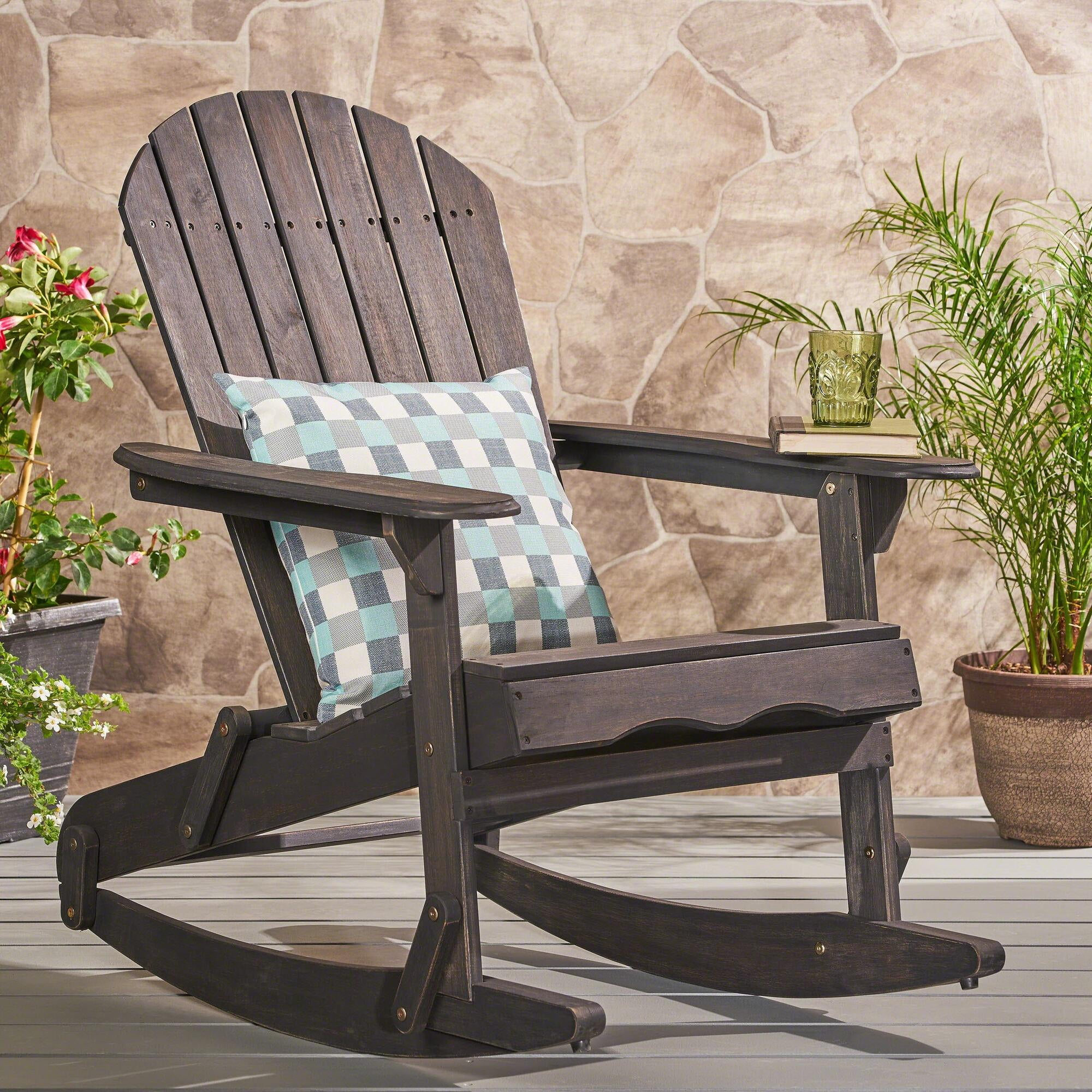 Ariel Outdoor Acacia Wood Adirondack Rocking Chair, Dark Grey