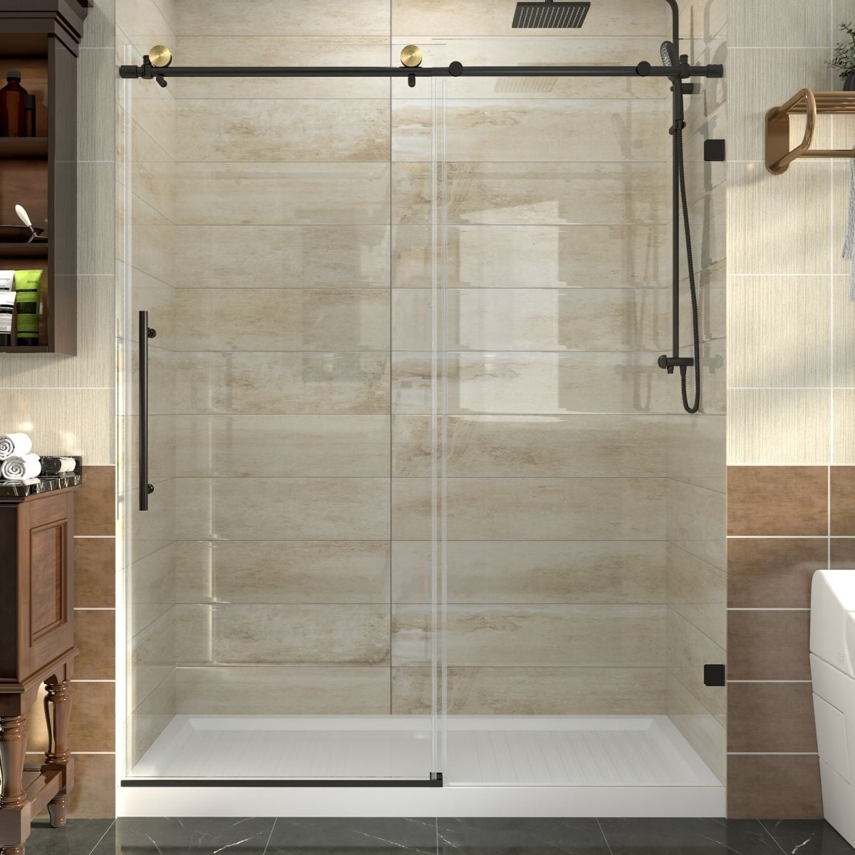 Anchor Frameless Sliding Shower Door Clear Glass 56-60" Wide 74" High Matte Black