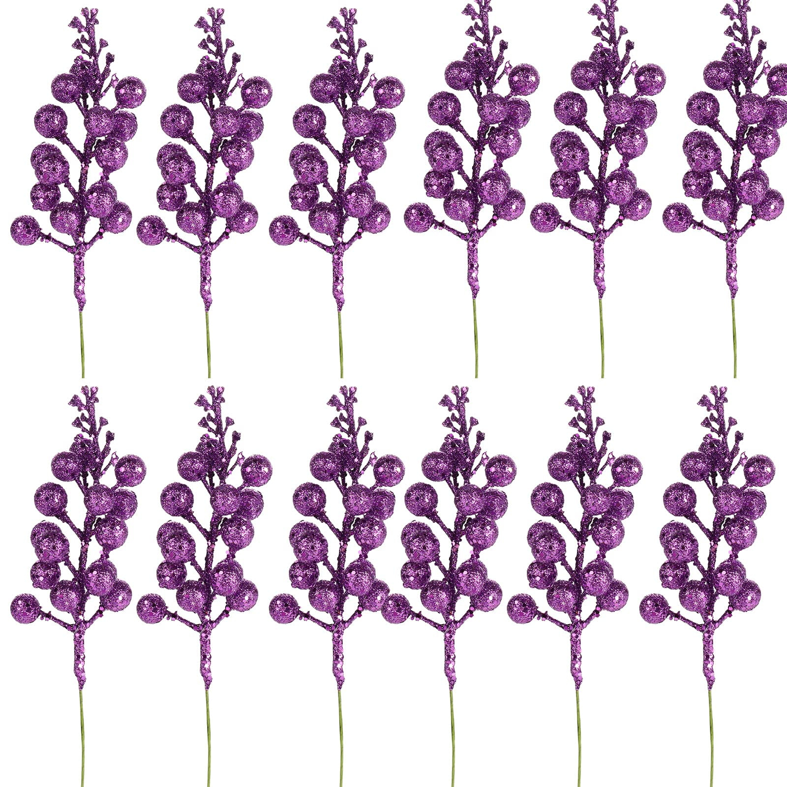 Glitter Berry Stems, 12pcs Christmas Berry Picks Artificial Fruit Berry Stem Branch Christmas Tree Garland Decorations for Holiday Party Purple