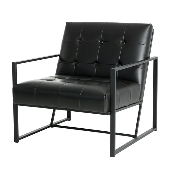 Glitzhome 31.50"H Accent Arm Chair PU Leather Button-tufted Ergonomic Chair with Black Metal Frame for Living Room Bedroom